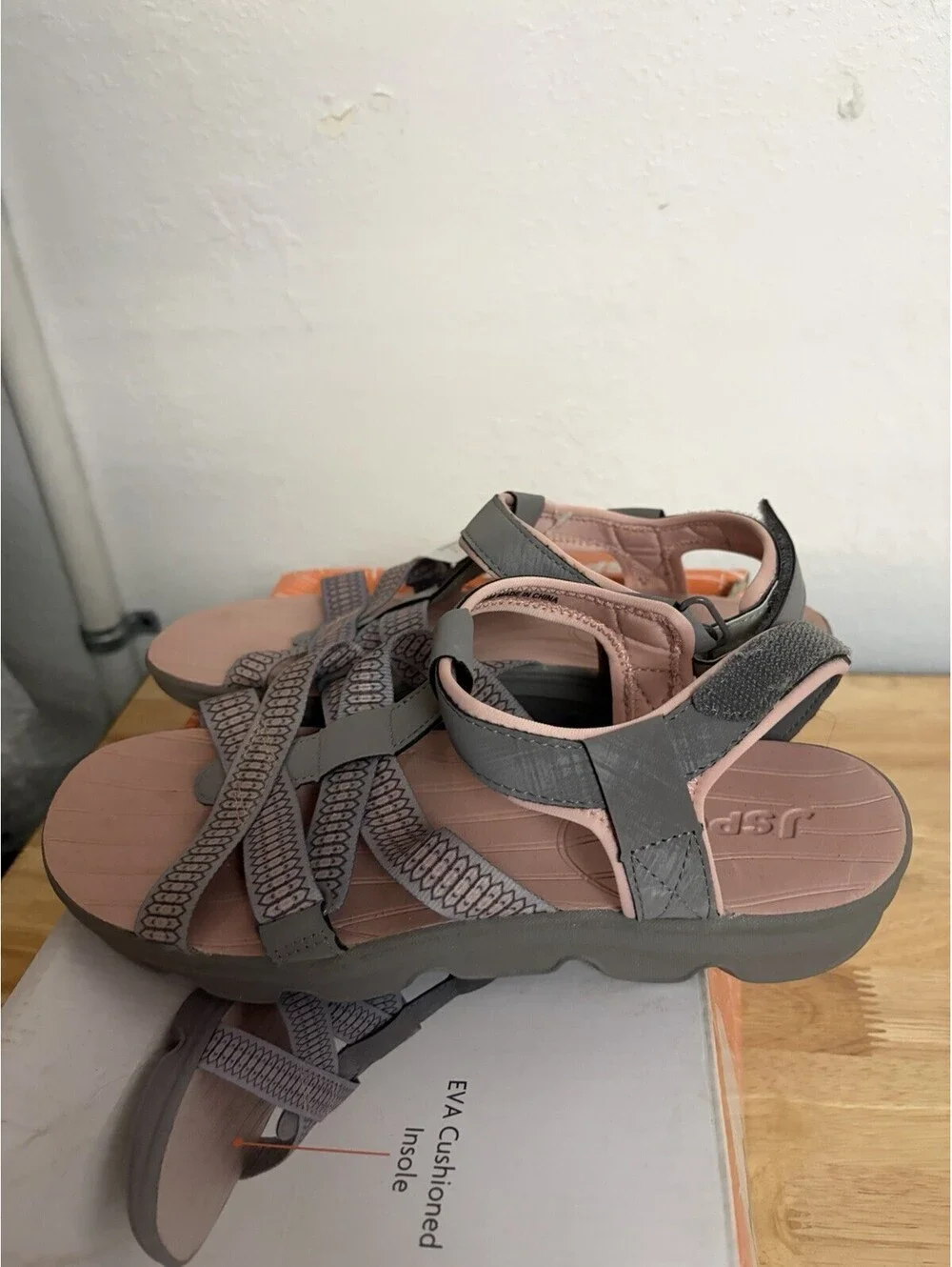 JSport Kaia Sport Sandals Grey/Pink Adjustable Straps NIB - Size 8